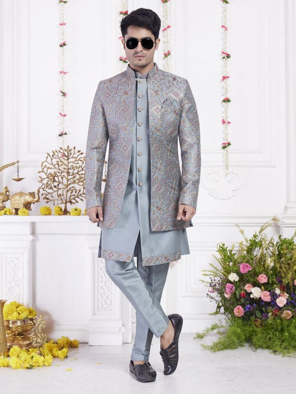 Grayish Blue Silk Indowestern With Embroidered Jacket