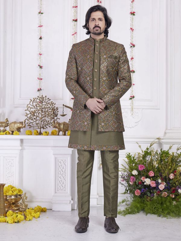 Olive Green Men's Indowestern With Short Length Jacket