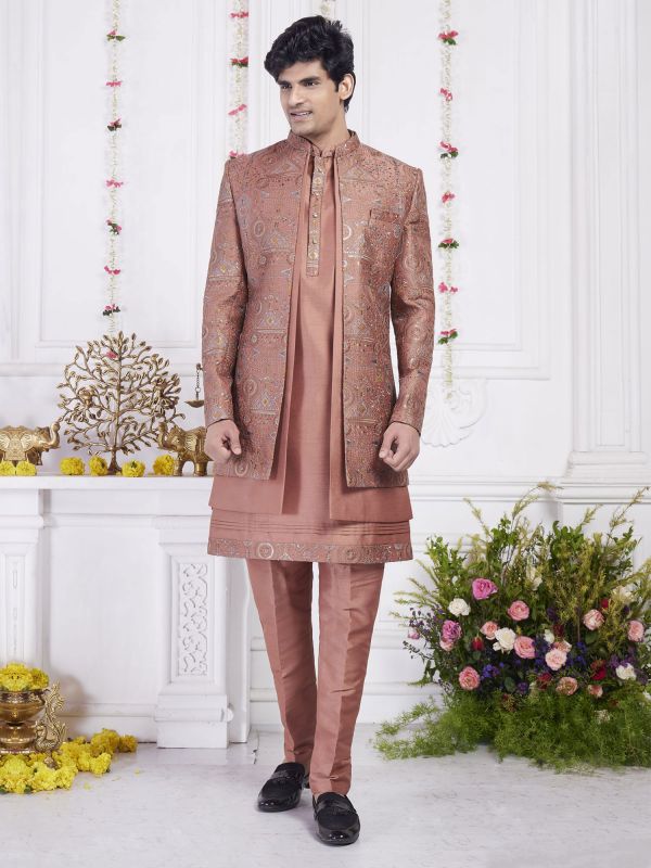 Rust Embroidered Indowestern With Layered Style Jacket