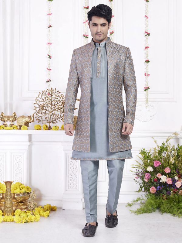 Blue Heavy Thread Work Indowestern Set In Silk