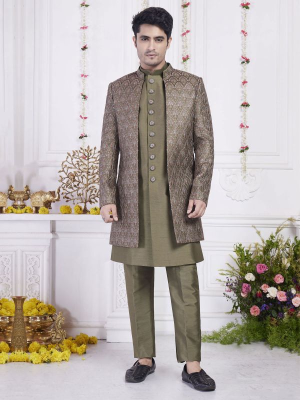 Green Festive Indowestern Set In Thread Embellishment