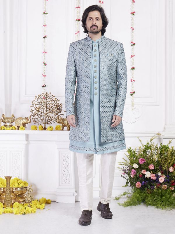 Sky Blue Jacket Style Embroidered Indowestern Set