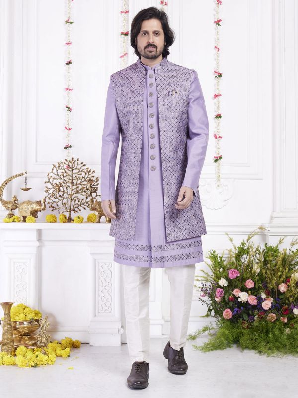 Lavender Purple Art Silk Indowestern In Sequins Work