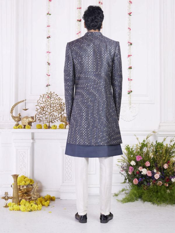 Blue Men's Indowestern With Jacket In Heavy Embroidery