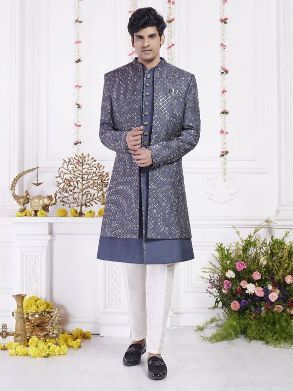 Blue Men's Indowestern With Jacket In Heavy Embroidery
