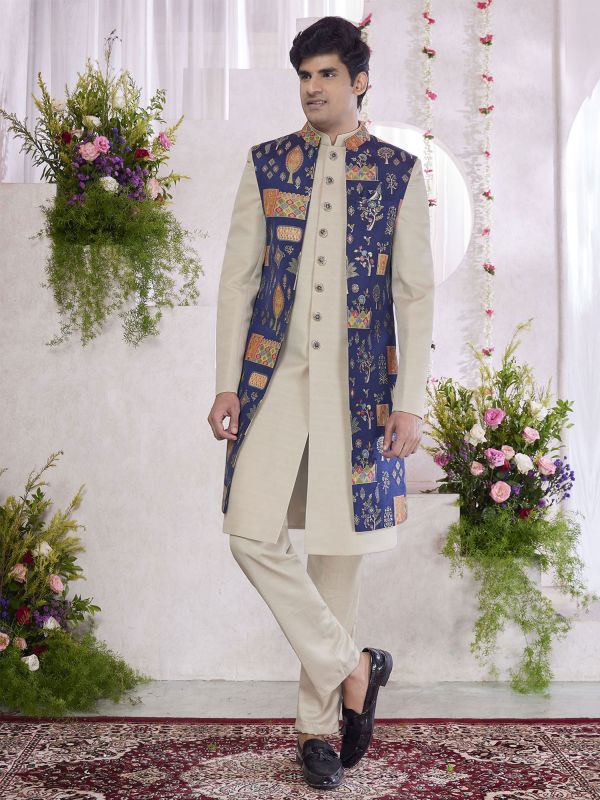 Light Beige Wedding Indowestern With Jacket In Print
