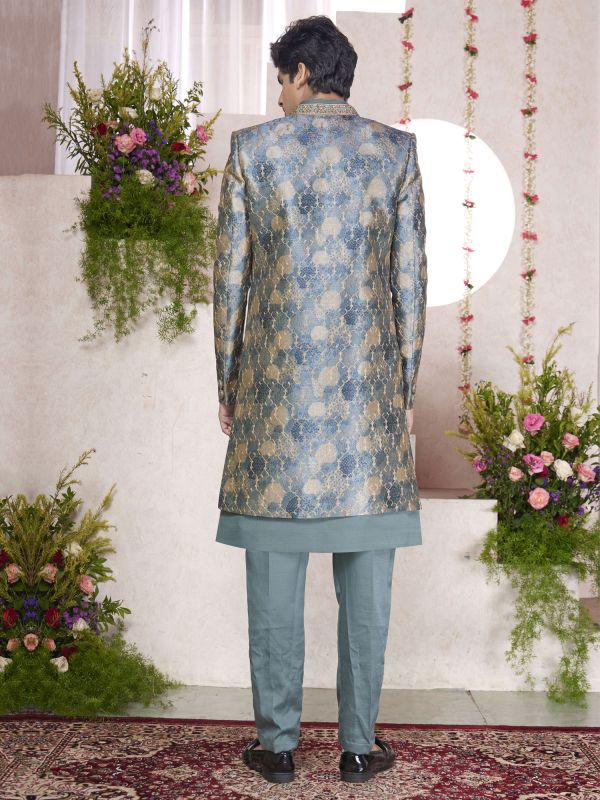 Stone Blue Men's Indo Western Set With Printed Jacket