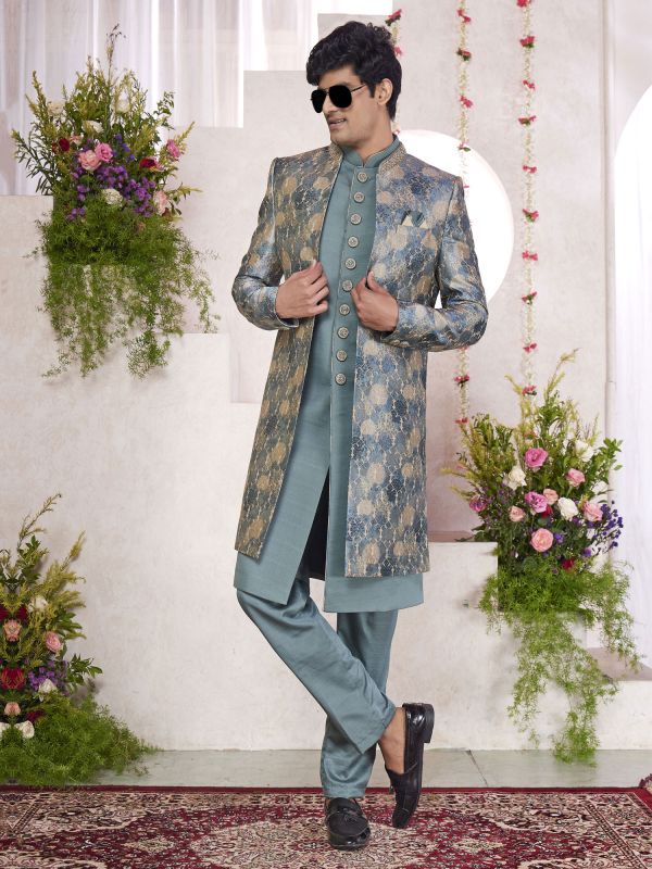 Stone Blue Men's Indo Western Set With Printed Jacket