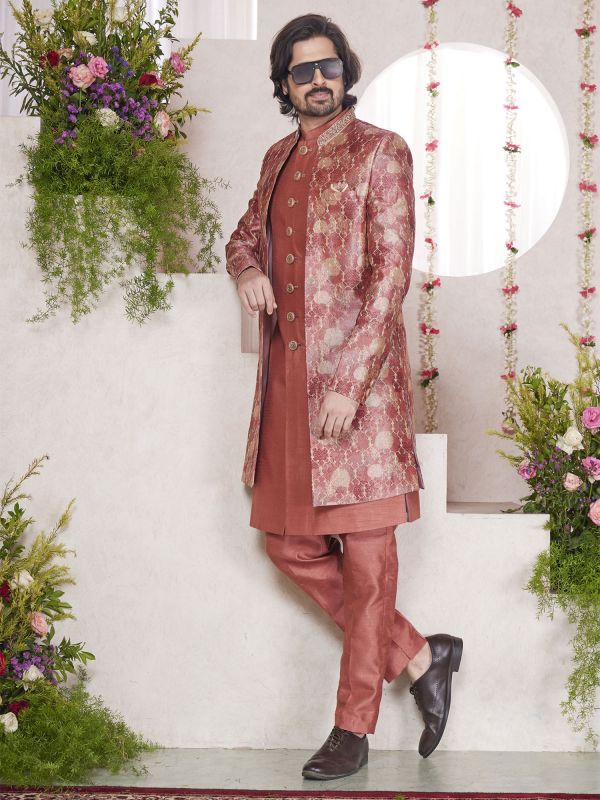Rust Men's Wear Indowestern In Digital Print