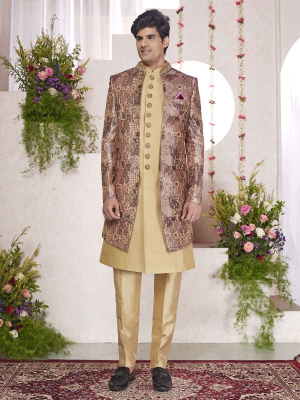 Yellow Jacketed Indowestern With Printed Parttern