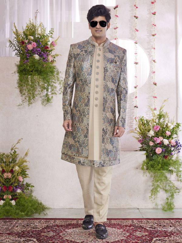Beige Menswear Festive Indo Western In Silk