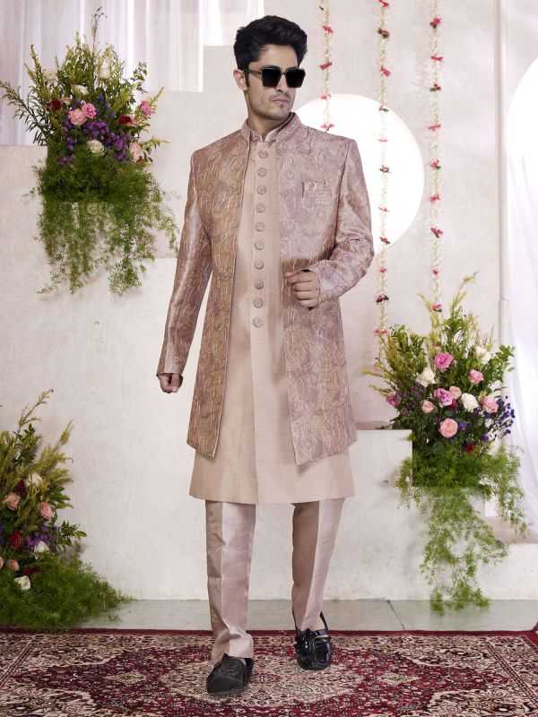 Pastel Pink Wedding Indowestern Set In Sequins Work