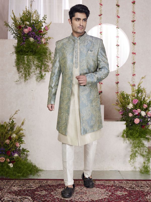 Cream Men's Indowestern With Jacket Style In Silk