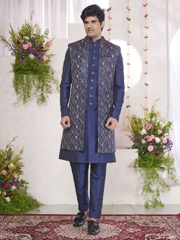Royal Blue Silk Indo Western With Cut Sleeved Jacket