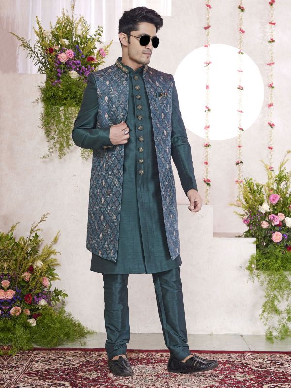 Teal Green Festive Indowestern Set With Long Jacket