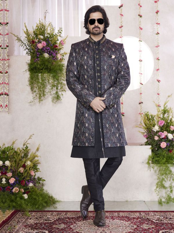Black Wedding Indowestern For Mens In Print