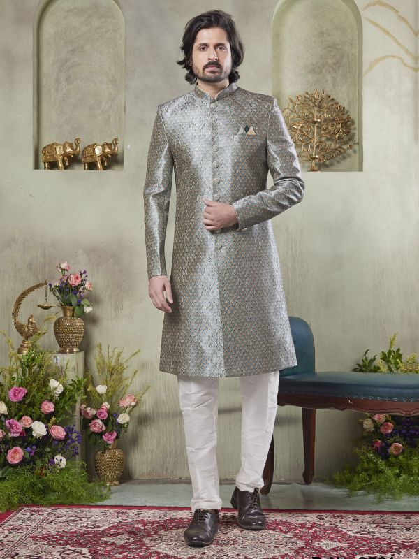 Grey Thread Work Silk Sherwani In Indo Style