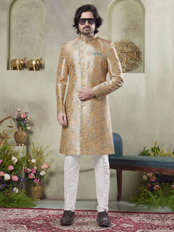 Golden Festive Indo Style Sherwani Set In Print