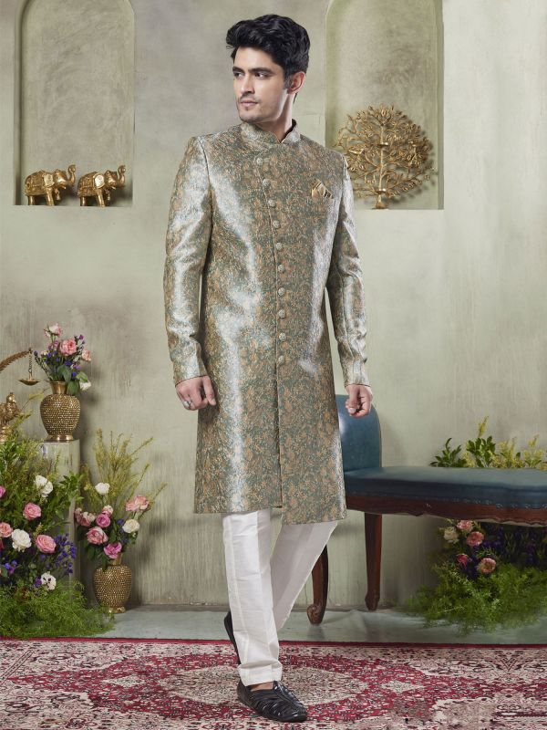 Green Thread Embellished Festive Sherwani Set