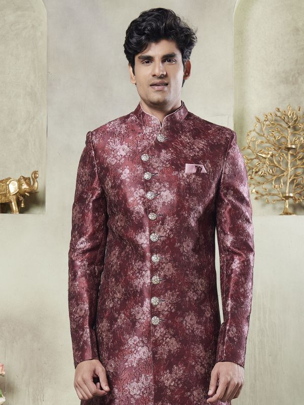 Maroon Floral Printed Men's Sherwani Set