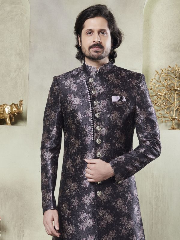 Black Men's Silk Sherwani Set In Thread Work