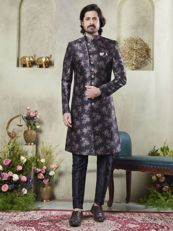Black Men's Silk Sherwani Set In Thread Work