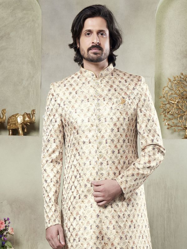 Cream Digital Printed Sherwani For Men In Silk