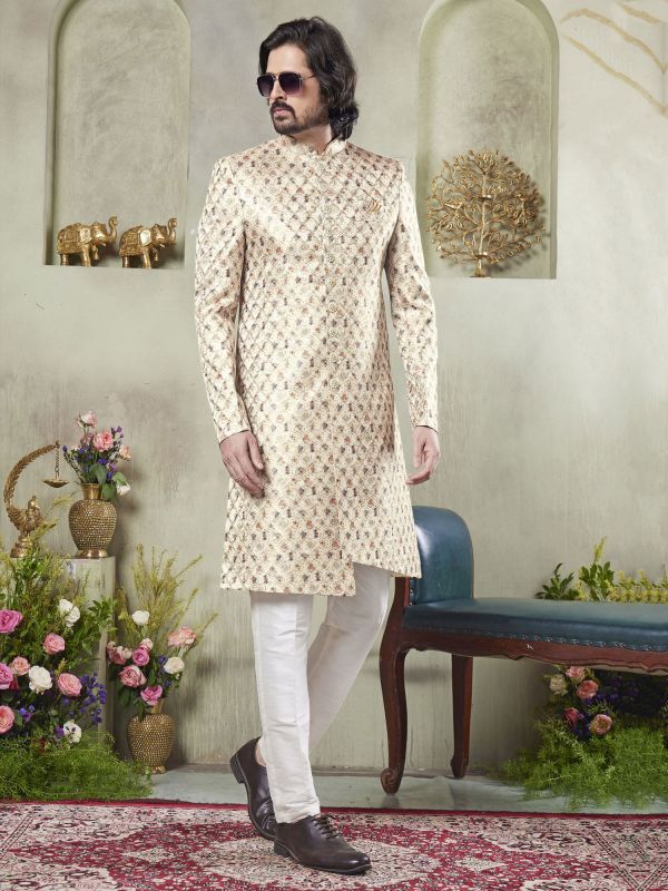 Cream Digital Printed Sherwani For Men In Silk