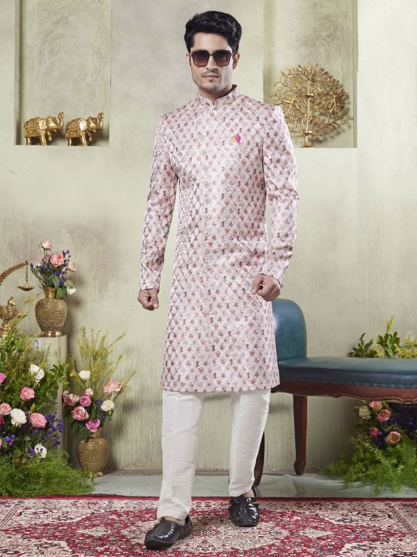 Light Pink Printed Festive Sherwani In Indo Style