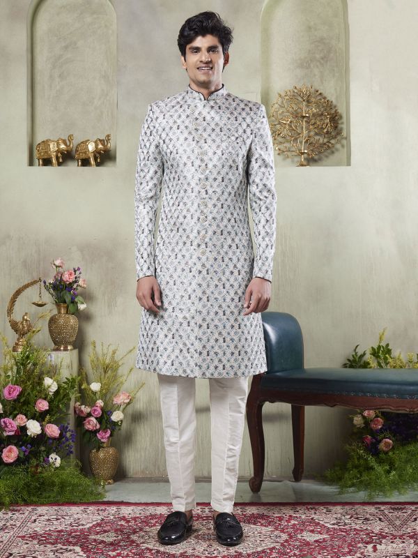 Grey Menswear Sherwani Set In Digital Print