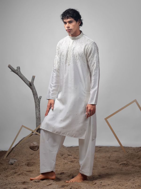 Off White Readymade Kurta Set In Sequins Work