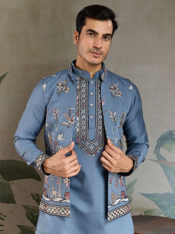 Blue Thread Work Kurta Set With Jacket
