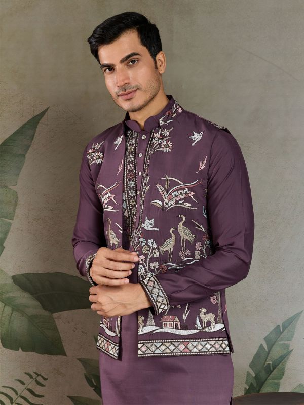 Purple Readymade Kurta Pyjama In Thread Embroidery