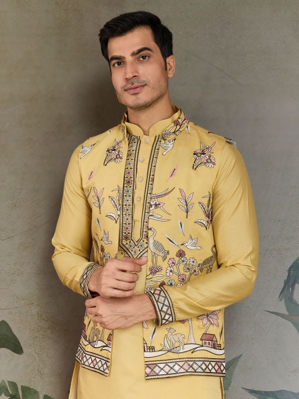 Yellow Embroidered Festive Kurta Set With Jacket