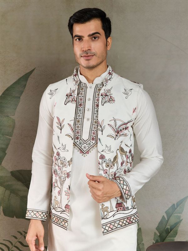 Off White Silk Kurta Pyjama With Embroidered Jacket