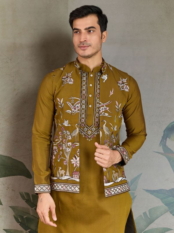 Green Festive Kurta Set With Jacket In Nehru Style
