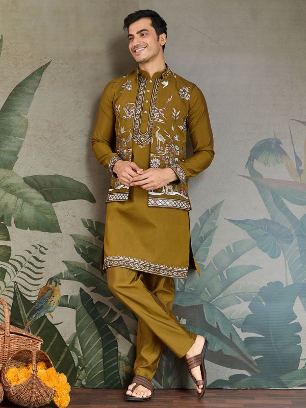 Green Festive Kurta Set With Jacket In Nehru Style