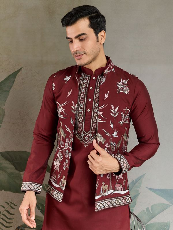 Maroon Sequins Augmented Readymade Kurta Set
