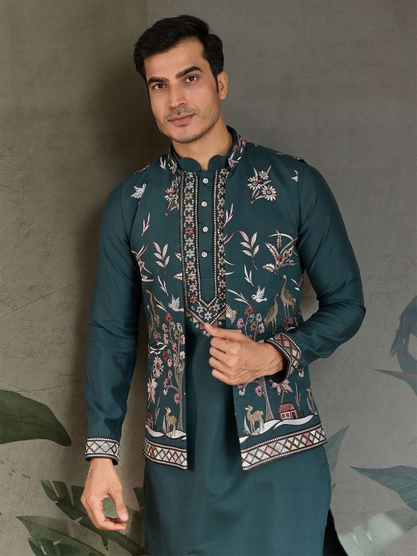 Teal Blue Silk Kurta Pyjama Set With Nehru Jacket