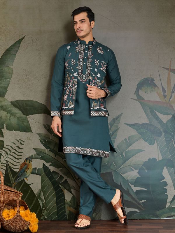 Teal Blue Silk Kurta Pyjama Set With Nehru Jacket