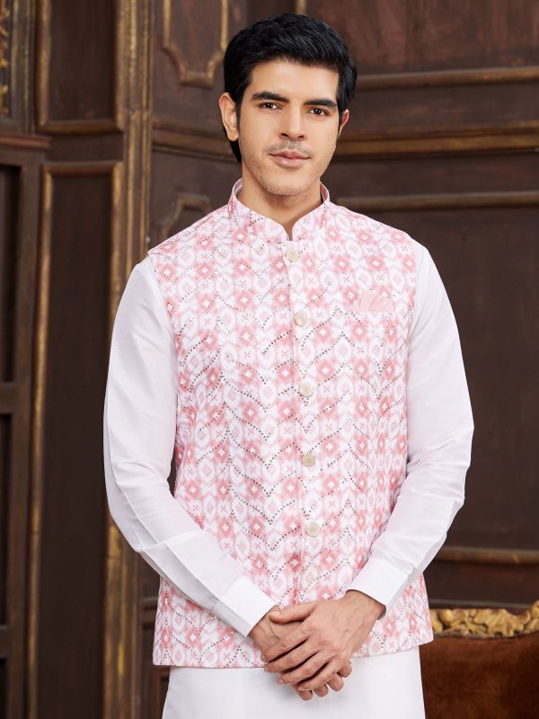White Readymade Kurta Set With Nehru Jacket