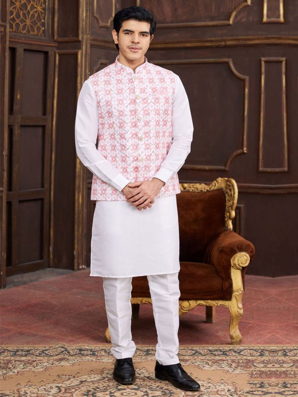 White Readymade Kurta Set With Nehru Jacket
