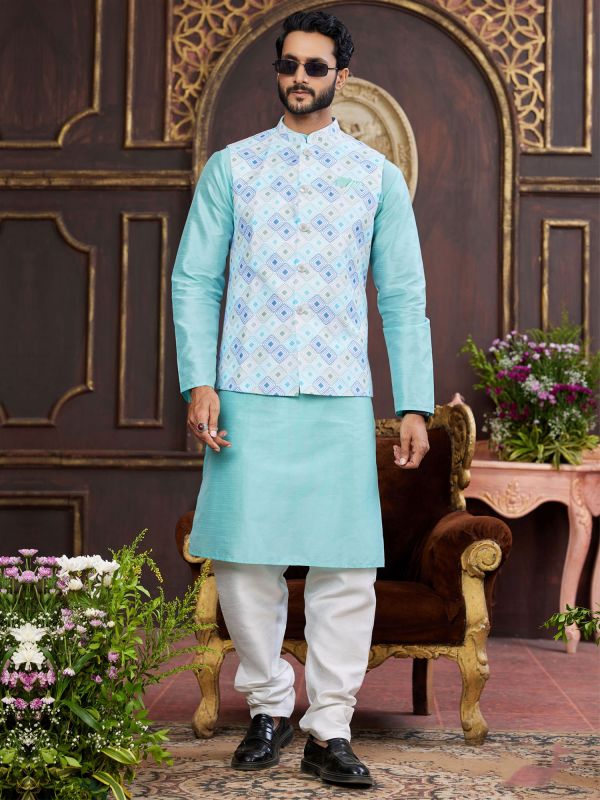 Sky Blue Casual Kurta Pyjama With Waistcoat
