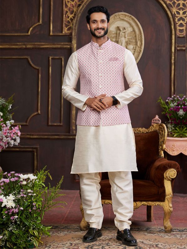 Light Beige Art Silk Festive Wear Kurta Set