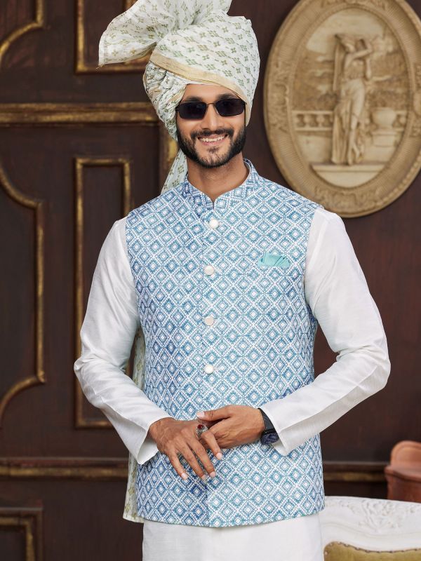 White Silk Kurta Set With Nehru Style Jacket