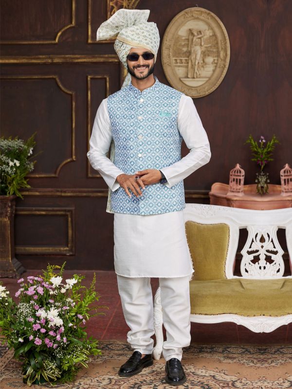 White Silk Kurta Set With Nehru Style Jacket