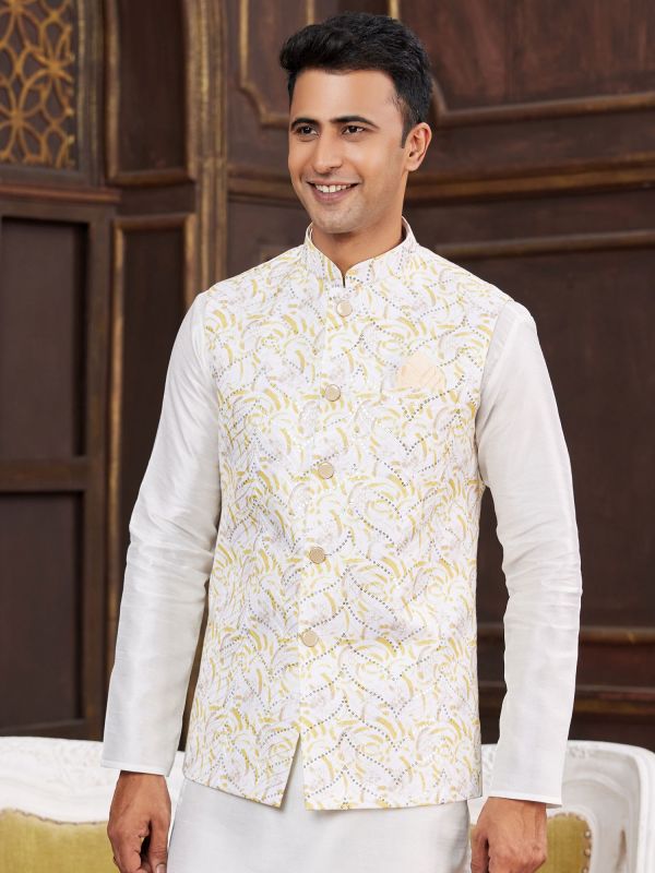 Off White Casual Kurta Pyjama With Satin Jacket