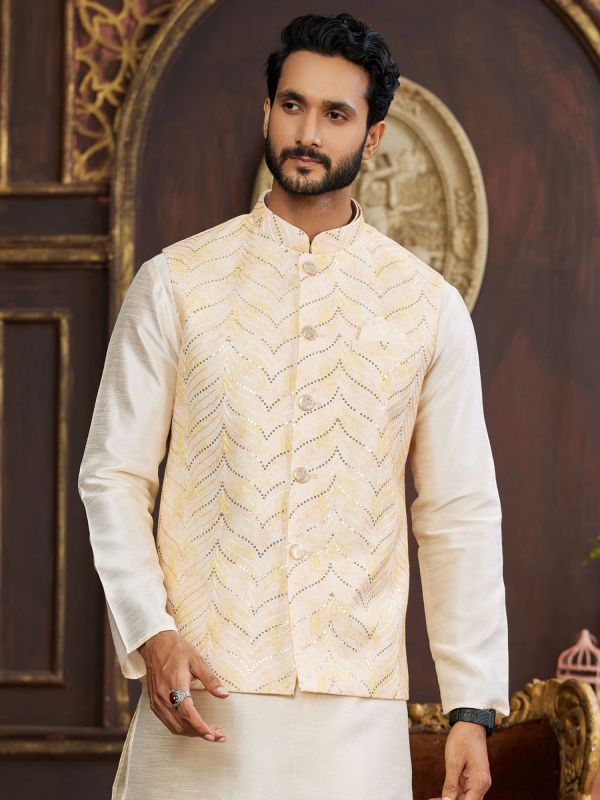 Cream Festive Silk Kurta Set With Nehru Jacket