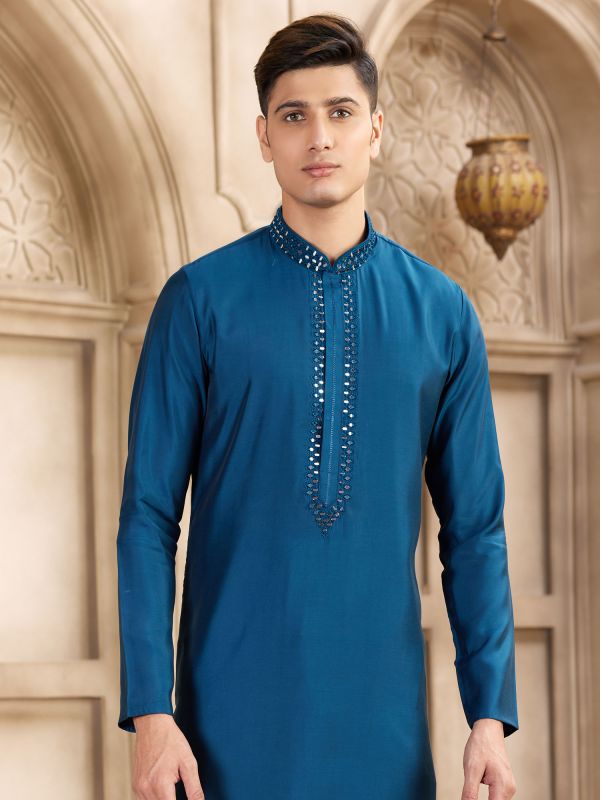Blue Mirror Work Casual Kurta Pyjama