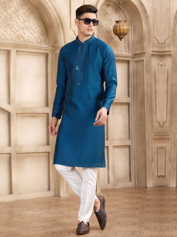 Blue Mirror Work Casual Kurta Pyjama